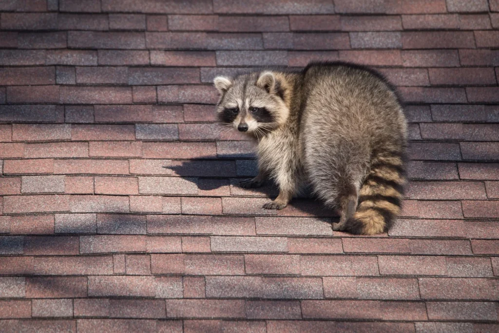 Pest control image, a raccoon standing on a roof